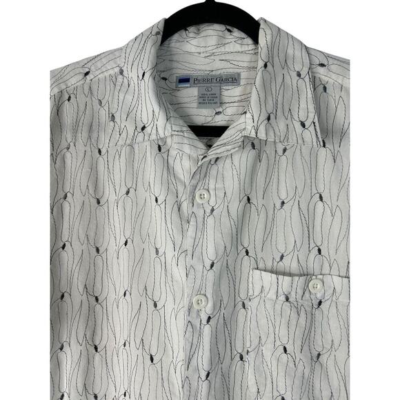 Pierre Garcia Shirt Men's Size L Black White Print Linen Button Up Short Sleeve - Picture 2 of 10